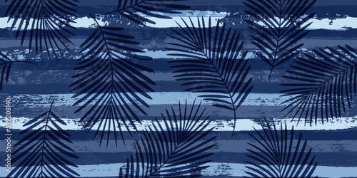 Tropical pattern  palm leaves seamless vector floral background. Exotic plant on blue stripes print illustration. Summer nature jungle print. Leaves of palm tree on paint lines. ink brush strokes