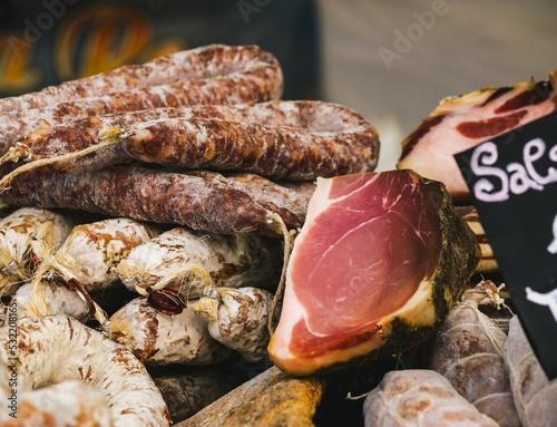 Bilde på lerret selling Italian cured meats. Italian cured ham close up