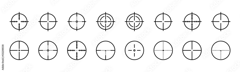 Aim Icon Set. Sniper Symbol, Business Goal, Mobile Application, Web Design, Games. Vector sign in simple style isolated on white background. Aim Icon Set. Sniper Symbol, Business Goal, Mobile Application, Web Design, Games. Vector sign in simple style isolated on white background.