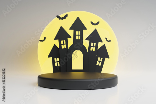 Halloween product display podium decorated with haunted castl ecemetery with fullmoon and bat. 3D rendering illustration photo