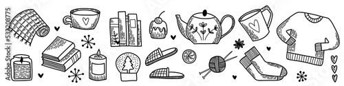 Line art set of vector elements. Pack of flat icons. Winter Hygge collection, symbol of snow, outside sports and cozy home time. Hand drawn doodle outline design for package, banners and cards.
