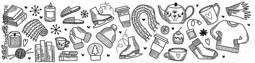 Line art set of vector elements. Pack of flat icons. Winter Hygge collection, symbol of snow, outside sports and cozy home time. Hand drawn doodle outline design for package, banners and cards.
