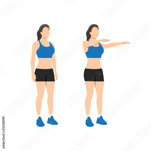 Woman doing double arm front raises exercise. Flat vector illustration isolated on white background