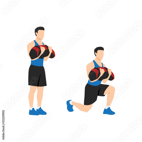 Man doing powerbag or sandbag walking lunges flat vector illustration isolated on white background