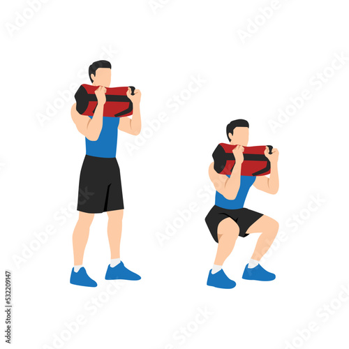 Man doing Powerbag or sandbag squat in 2 steps in side view. Flat vector illustration isolated on white background