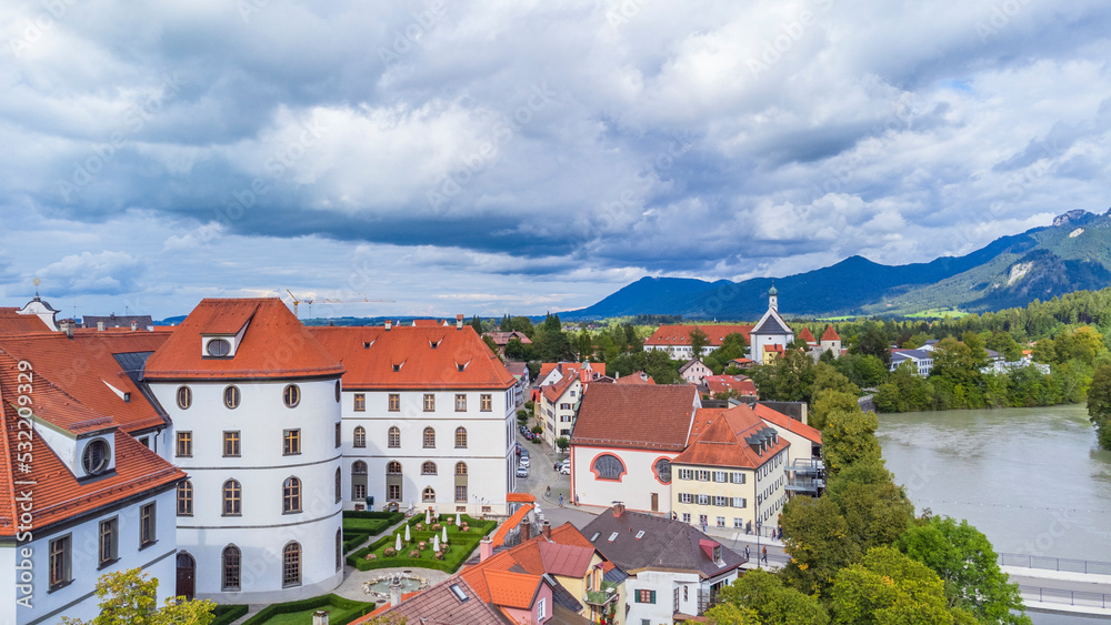 Fussen city drone view - HD pictures - Germany, Bavaria, Drone view of the riverside town - Europe attractions 