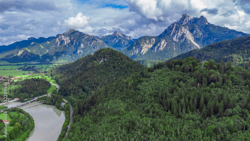 Obraz premium Fussen city drone view - HD pictures - Germany, Bavaria, Drone view of the riverside town - Europe attractions 