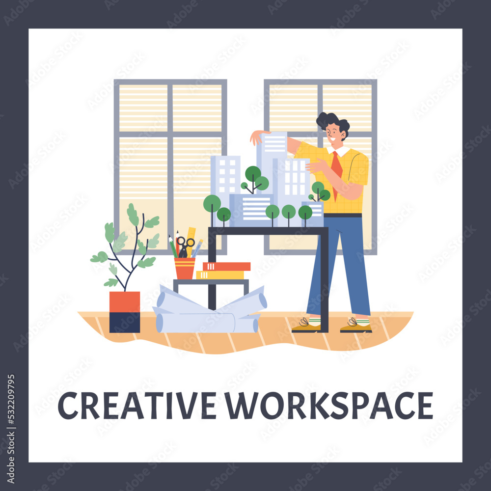Poster about landscape designer creative workspace flat style