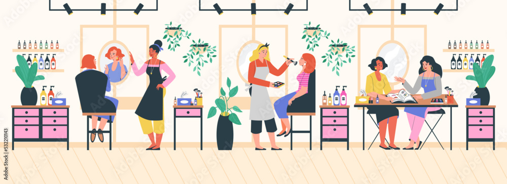 Makeup salon with artists and clients flat style, vector illustration
