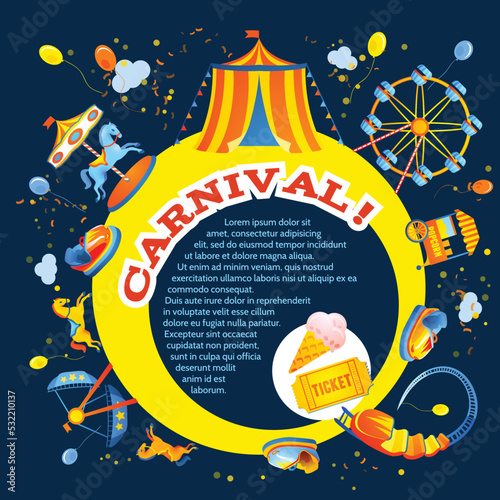 Amusement entertainment carnival theme park design invitation flyer vector illustration