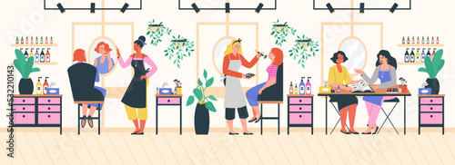 Makeup salon with artists and clients flat style, vector illustration