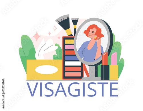 Beautiful woman looking in the mirror, visagiste abstract banner, flat vector illustration isolated on white background.