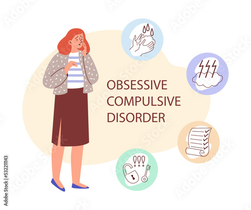 Symptoms of obsessive compulsive disorder OCD syndrome, flat vector illustration. photo