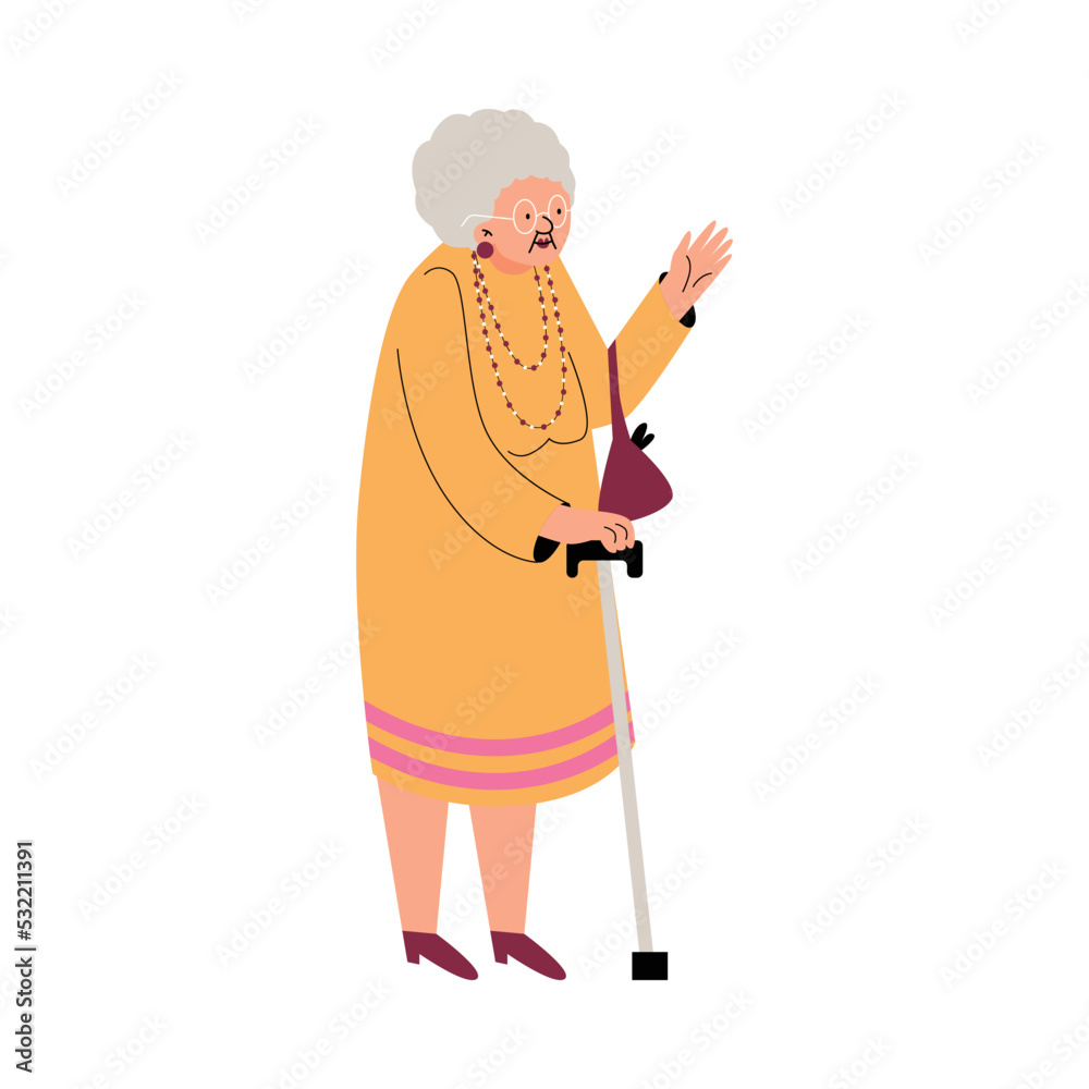 Gray-haired grandmother in glasses with cane flat style Gray-haired grandmother in glasses with cane flat style