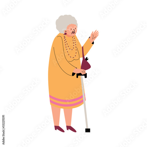 Gray-haired grandmother in glasses with cane flat style
