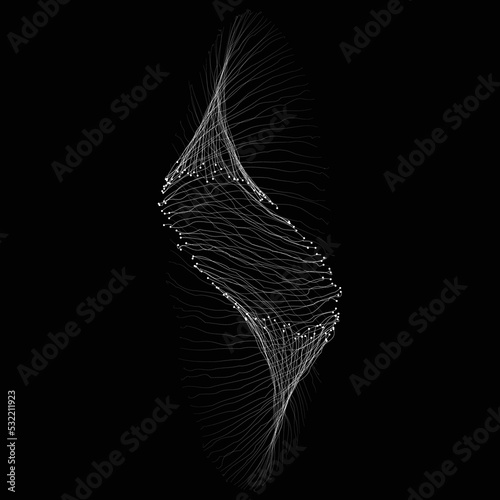 Abstract spiral shape form made from lines and dots illustration. Spiral sound wave rhythm line dynamic abstract vector background. Human DNA spiral. White vector shapes on black background