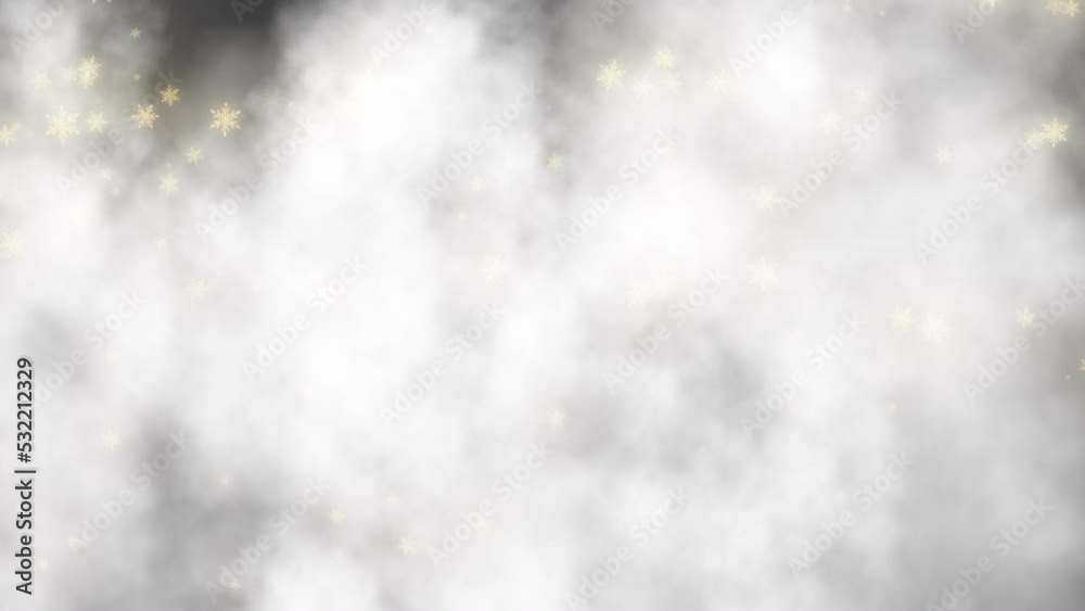 Gold colored snowflakes falling through clouds on black background. Merry Christmas and happy new year, Happy Holidays.