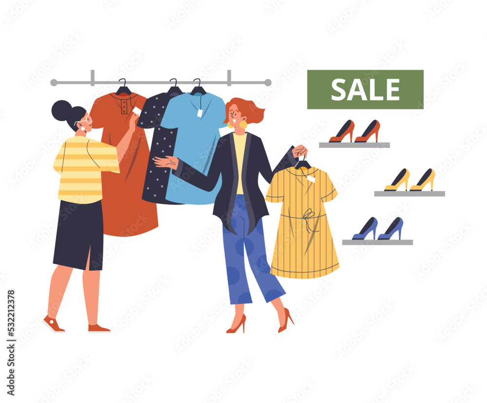 Naklejka premium Woman shopping during sale with shop assistant, flat vector illustration isolated on white background.