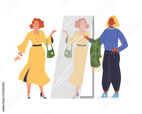 Fashion stylists helps client, flat vector illustration isolated on white background.