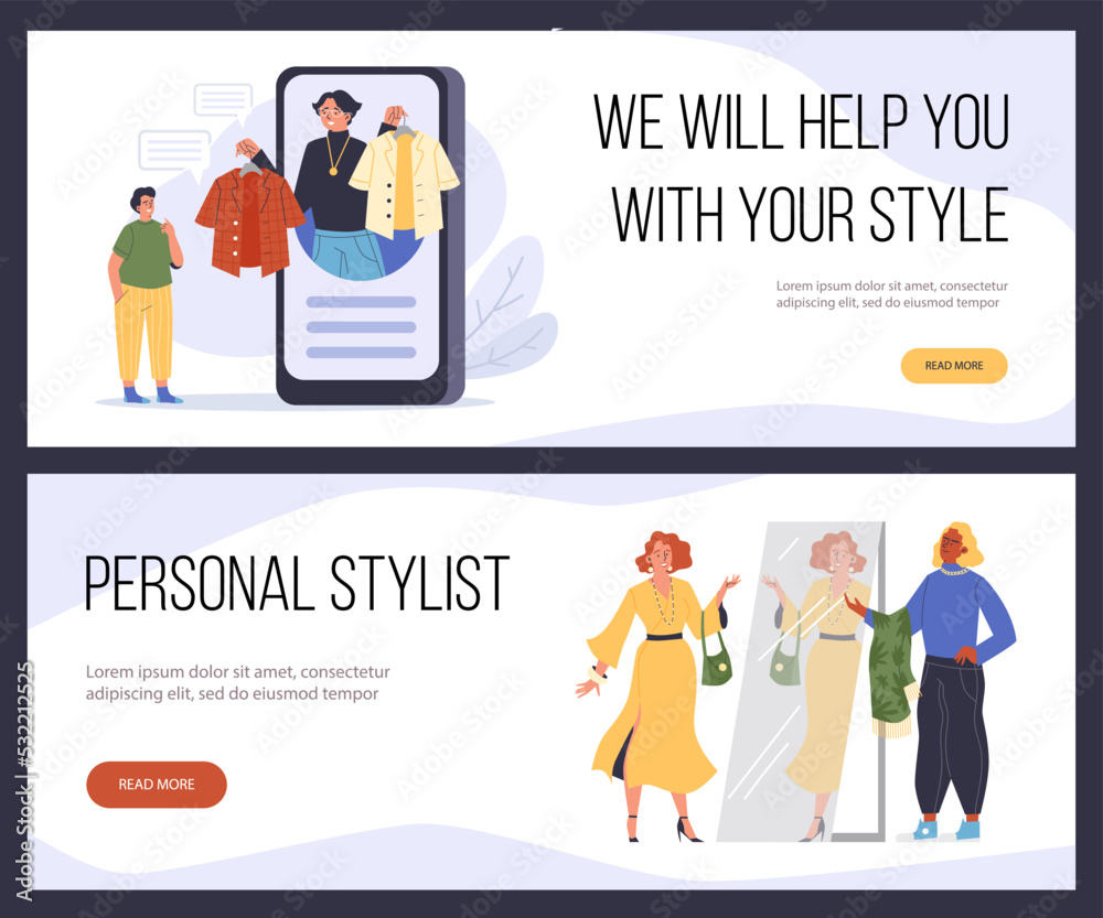 Personal stylist or shop assistant web banners set, flat vector illustration.