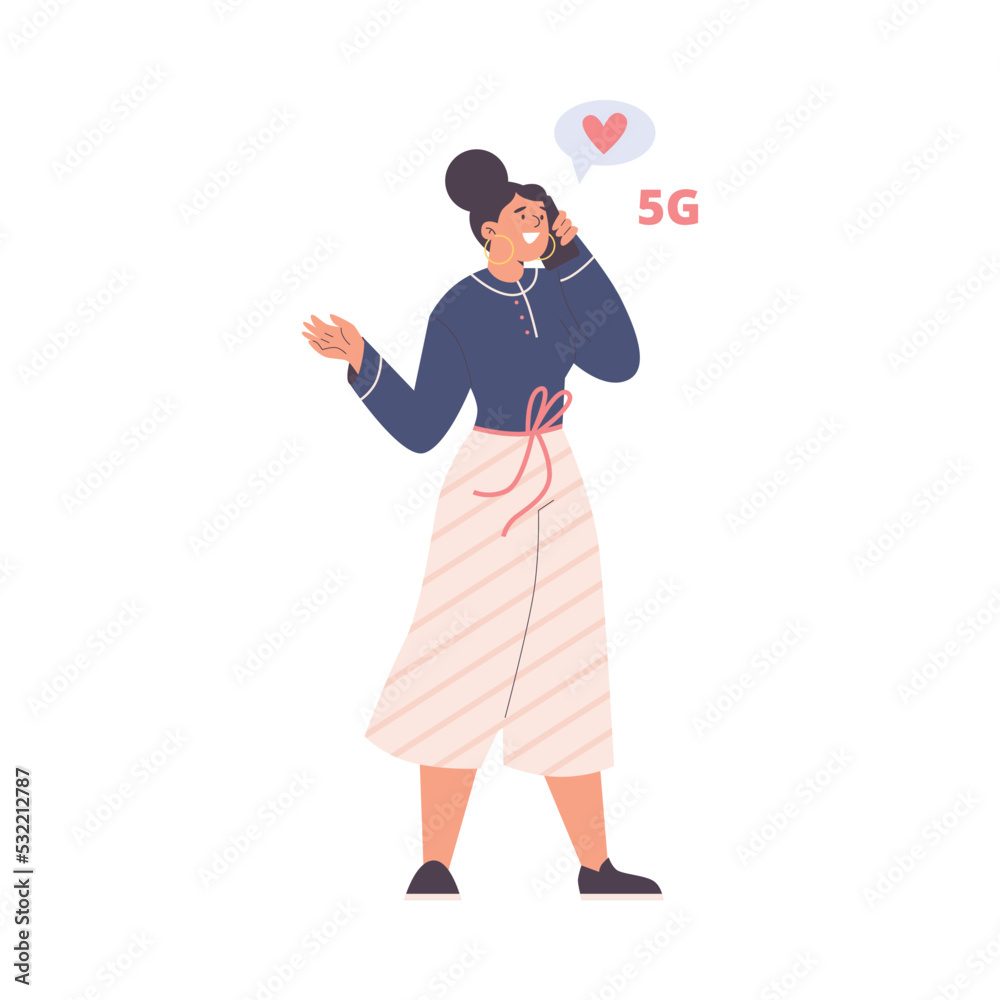 Cute smiling woman talking on mobile phone using 5G technologies flat style Cute smiling woman talking on mobile phone using 5G technologies flat style