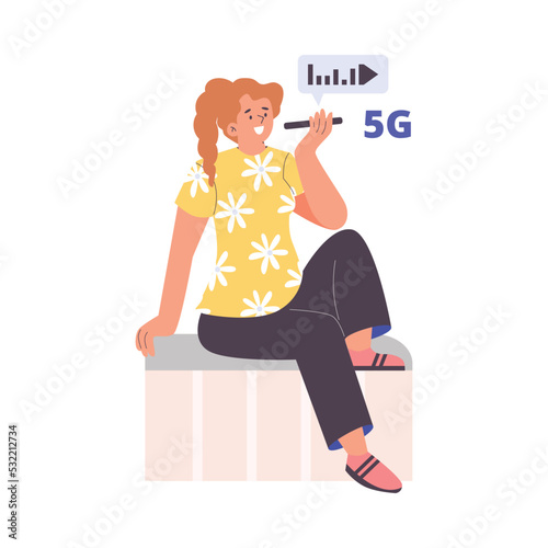 Happy woman using phone with 5G telecommunications, flat vector illustration isolated on white background.