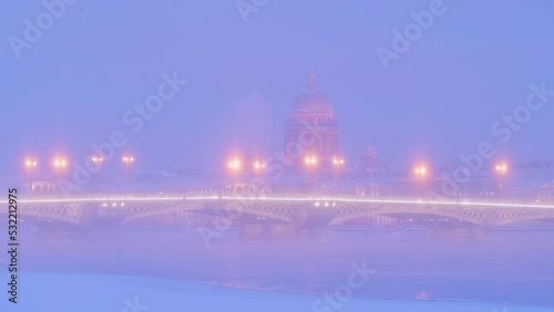 4k, panoramic view of Blagoveshchensky bridge and St. Isaac's Cathedral, Neva river, St. Petersburg, Russia photo