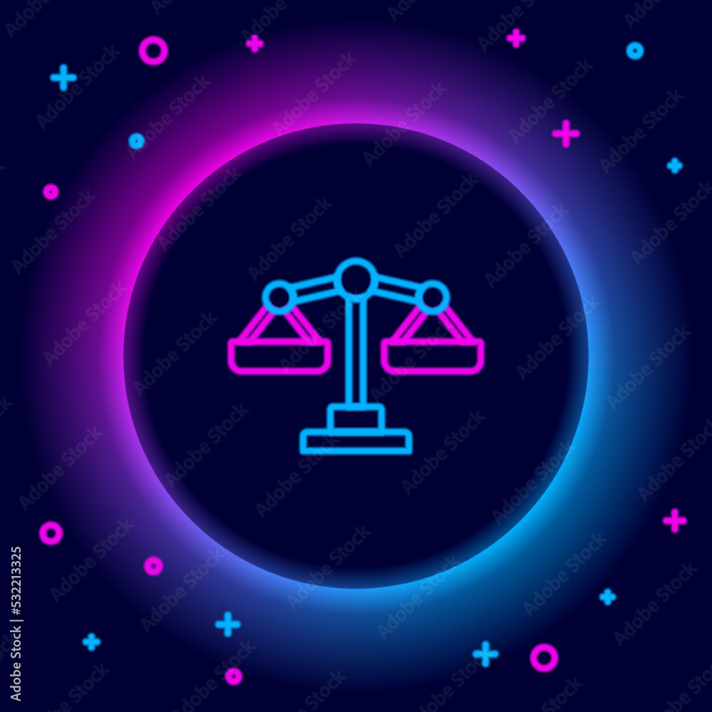 Glowing neon line Scales of justice icon isolated on black background. Court of law symbol. Balance scale sign. Colorful outline concept. Vector
