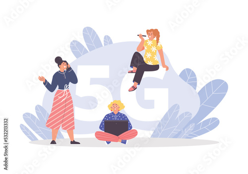 5G banner with people using laptop and talking on the phone, flat vector illustration isolated on white background.