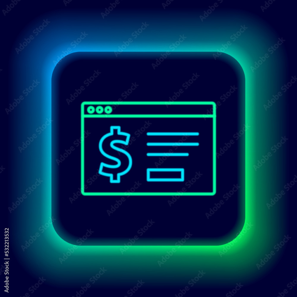 Glowing neon line Online banking with dollar icon isolated on black background. Sending money around the world, money transfer, financial transaction. Colorful outline concept. Vector Glowing neon line Online banking with dollar icon isolated on black background. Sending money around the world, money transfer, financial transaction. Colorful outline concept. Vector