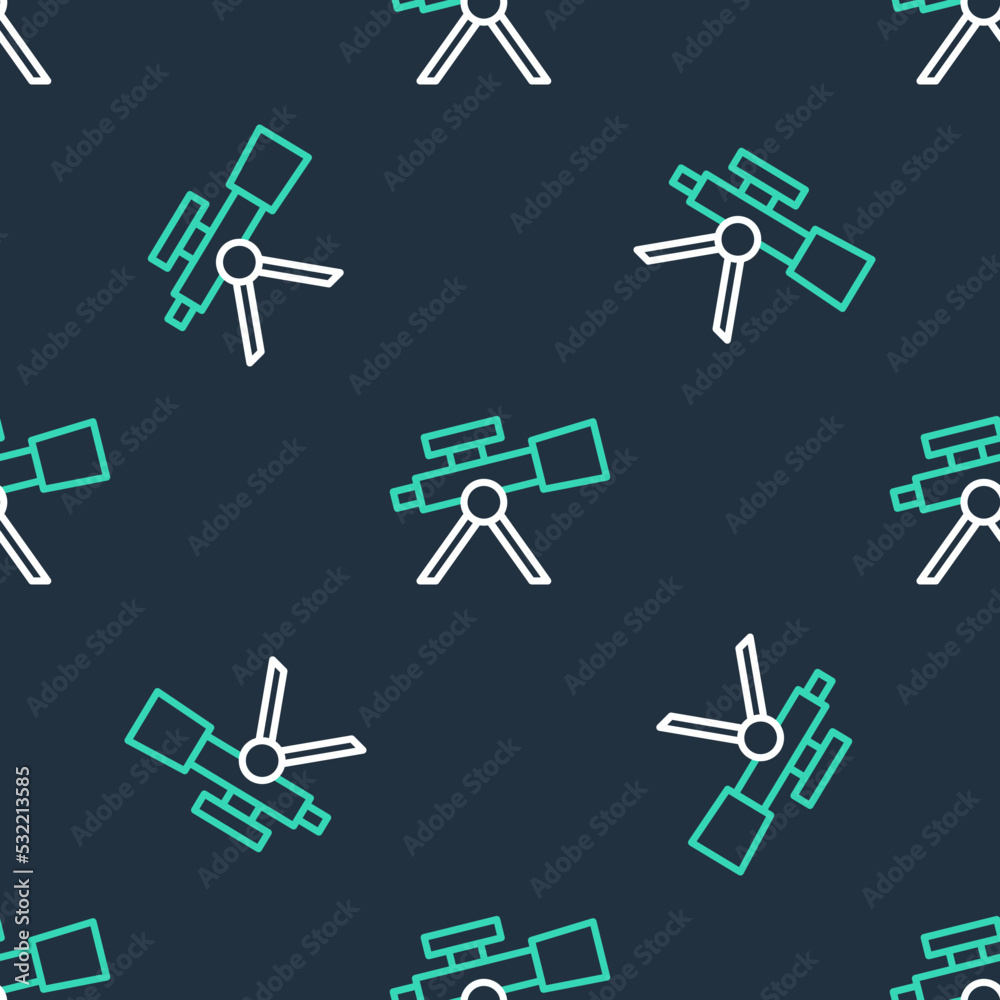 Line Telescope icon isolated seamless pattern on black background. Scientific tool. Education and astronomy element, spyglass and study stars. Vector