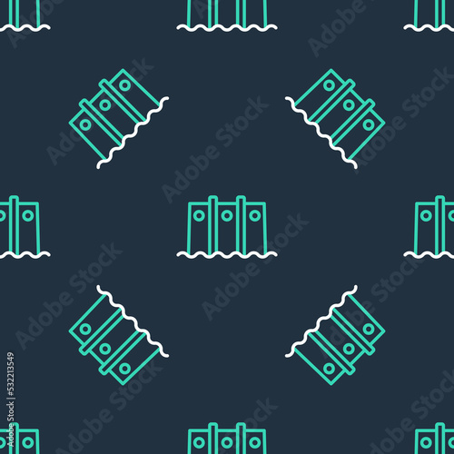 Line Hydroelectric dam icon isolated seamless pattern on black background. Water energy plant. Hydropower. Hydroelectricity. Vector