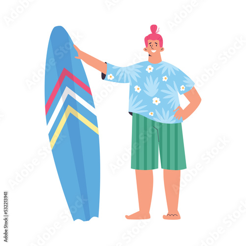Surfer standing with surfboard male character, flat vector illustration isolated.