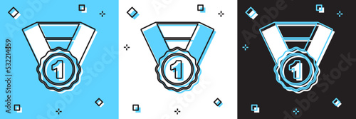 Set Dog award symbol icon isolated on blue and white, black background. Medal with dog footprint as pets exhibition winner concept. Vector