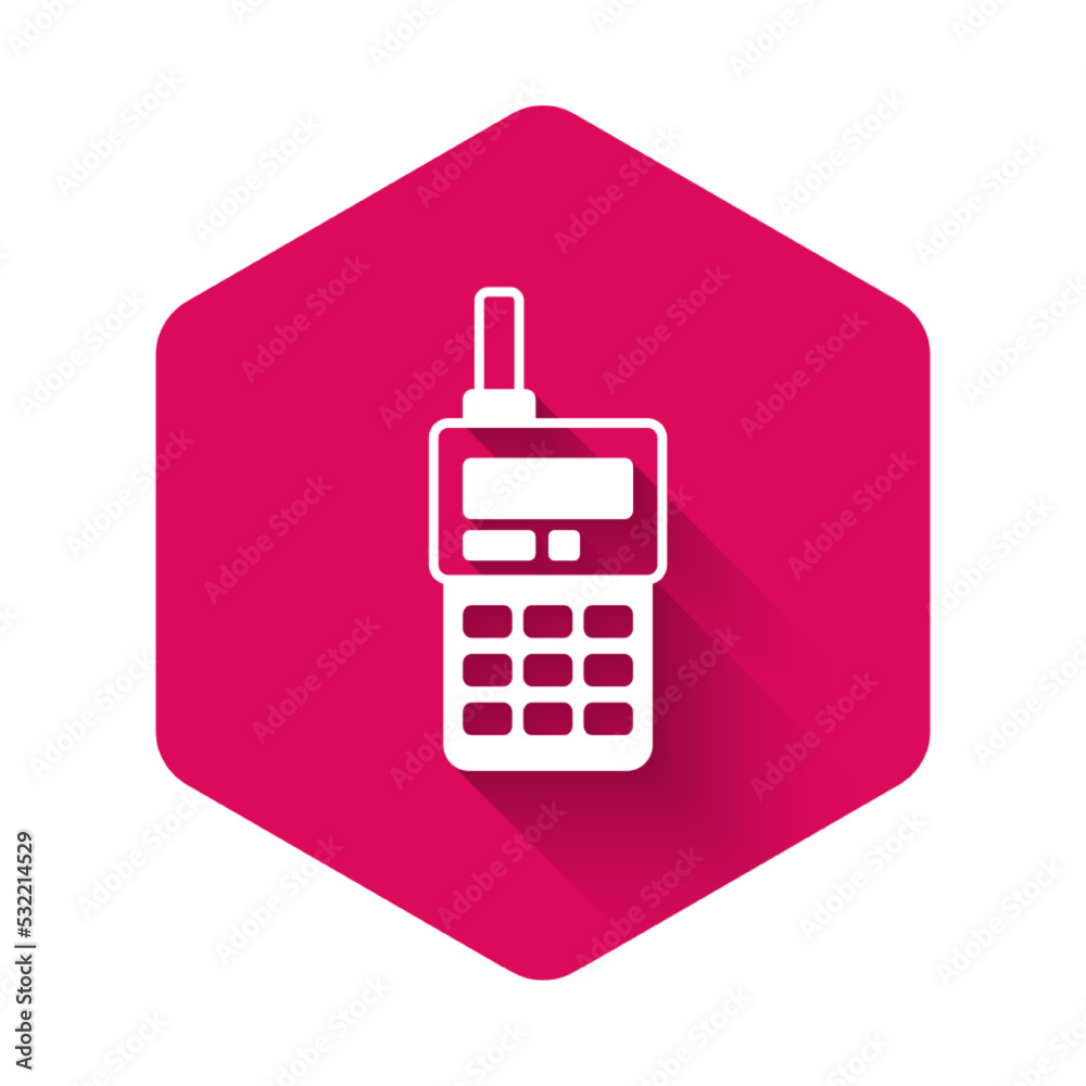 White Walkie talkie icon isolated with long shadow background. Portable radio transmitter icon. Radio transceiver sign. Pink hexagon button. Vector White Walkie talkie icon isolated with long shadow background. Portable radio transmitter icon. Radio transceiver sign. Pink hexagon button. Vector