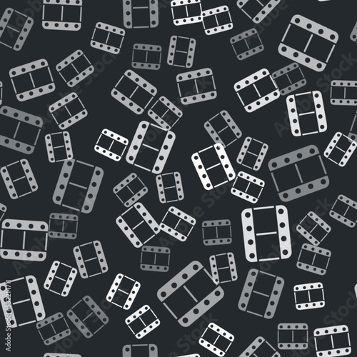 Grey Play video icon isolated seamless pattern on black background. Film strip sign. Vector
