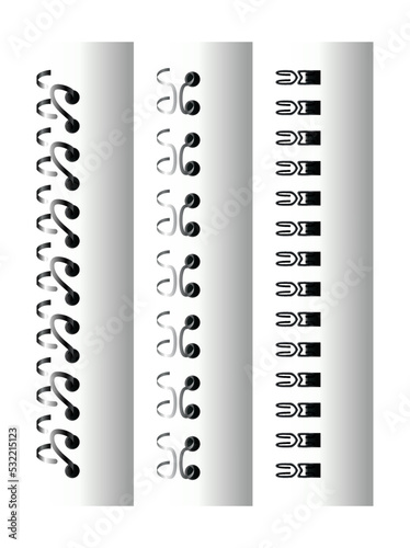 Notebook spirals, wire steel ring bindings and springs for diary. Spiral binder or ringed for paper calendar. Page dividers or metal stitch
