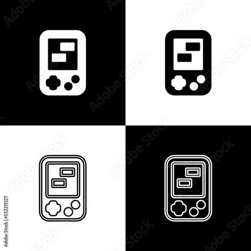 Set Portable tetris electronic game icon isolated on black and white background. Vintage style pocket brick game. Interactive playing device. Vector