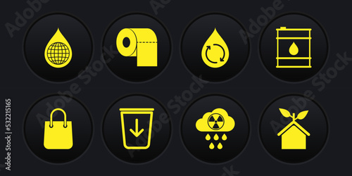 Set Shopping bag, Oil barrel, Send to the trash, Acid rain and radioactive cloud, Recycle clean aqua, Toilet paper roll, Eco friendly house and Earth planet water drop icon. Vector