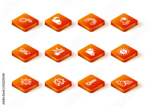 Set UV protection, Rainbow with clouds, Thermometer snowflake, Meteorology thermometer, and cloud, sun, and icon. Vector