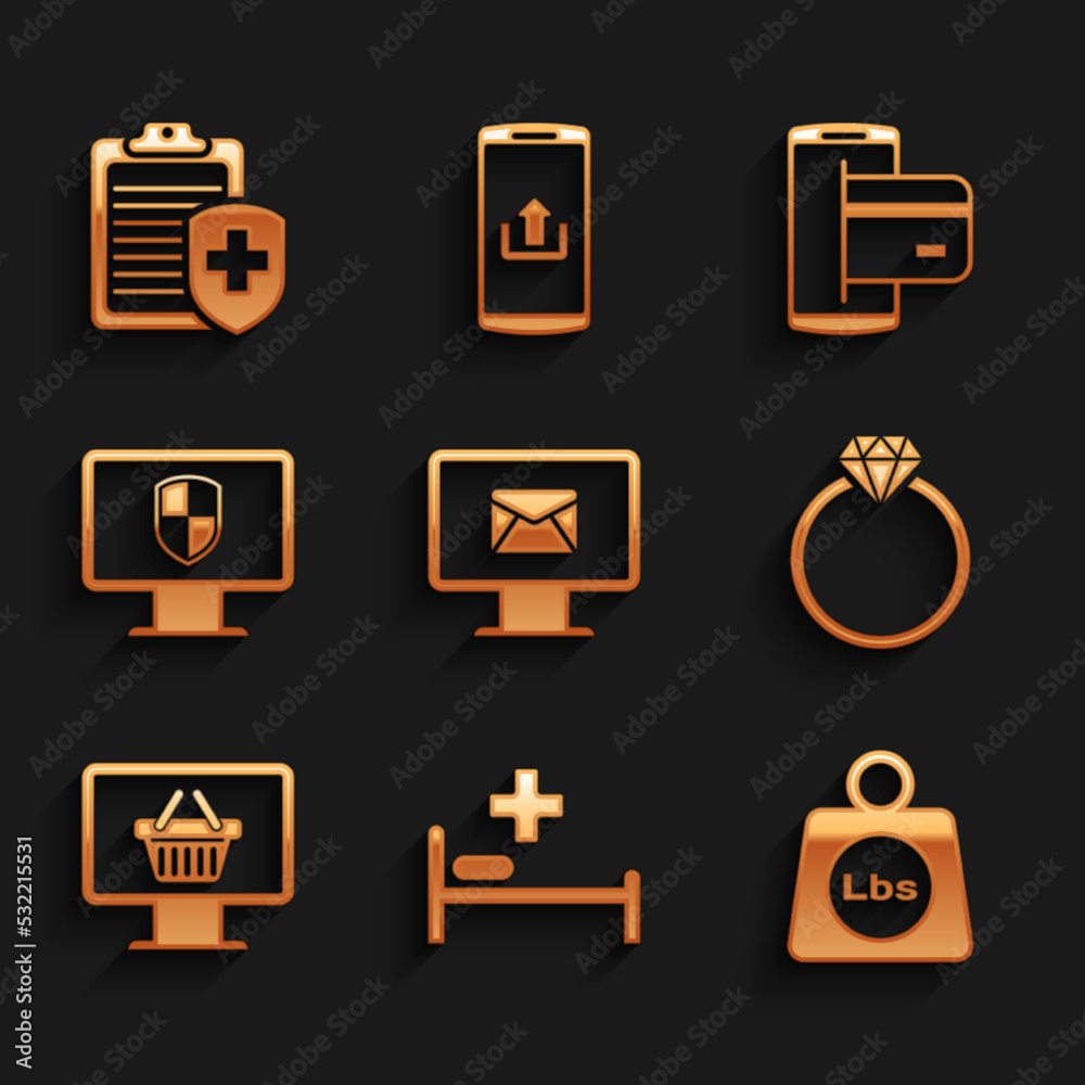 Set Monitor and envelope, Hospital bed, Weight pounds, Diamond engagement ring, with shopping basket and shield icon. Vector Set Monitor and envelope, Hospital bed, Weight pounds, Diamond engagement ring, with shopping basket and shield icon. Vector