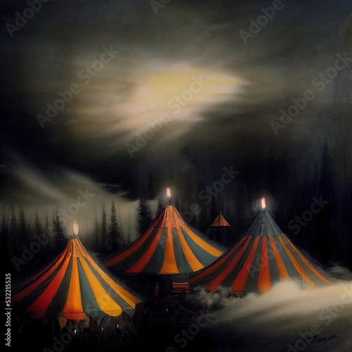 3D rendering of a abandoned circus tent at the land in dark situation