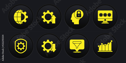 Set Shield with settings gear, Monitor password, Cost reduction, Location sales funnel, Human head lock, Arrow growth, Pie chart infographic and Globe of the Earth and icon. Vector
