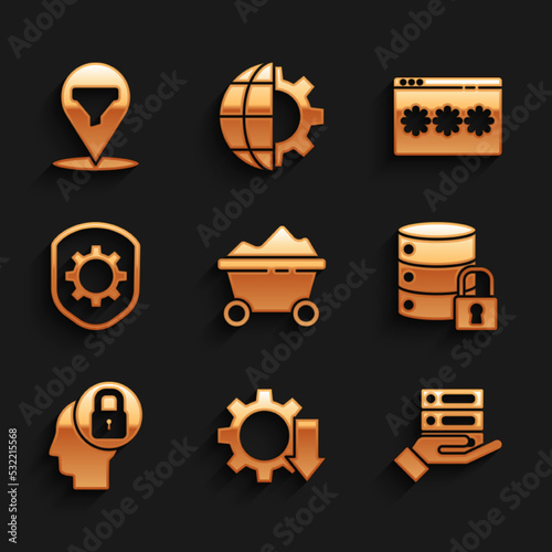 Set Coal mine trolley, Cost reduction, Server, Data, Web Hosting, security with lock, Human head, Shield settings gear, Password protection and Location sales funnel icon. Vector