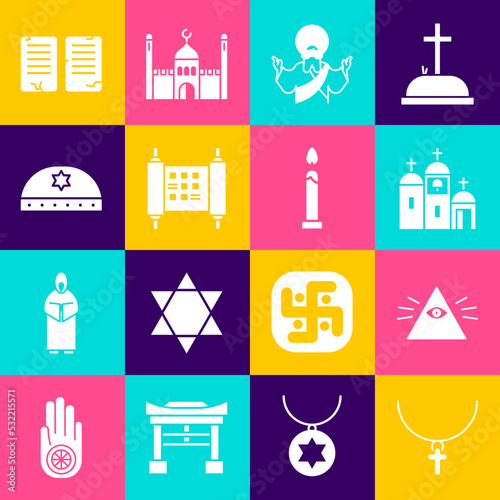 Set Christian cross on chain, Masons, Church building, Jesus, Decree, paper, parchment, scroll, Jewish kippah with star of david, The commandments and Burning candle icon. Vector