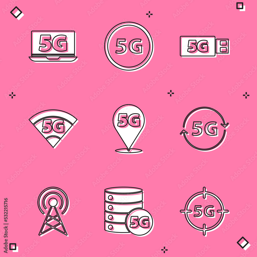 Set Laptop with 5G network, modem, Location, Antenna and Server icon. Vector Set Laptop with 5G network, modem, Location, Antenna and Server icon. Vector