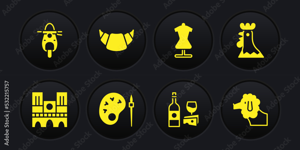 Set Notre Dame, French rooster, Paint brush with palette, Wine bottle cheese, Mannequin, Croissant, Poodle dog and Scooter icon. Vector Set Notre Dame, French rooster, Paint brush with palette, Wine bottle cheese, Mannequin, Croissant, Poodle dog and Scooter icon. Vector