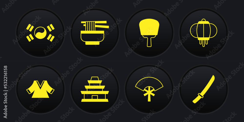 Set Kimono, Korean lantern, temple, Traditional fan, hand, Ramen, Katana and South flag icon. Vector Set Kimono, Korean lantern, temple, Traditional fan, hand, Ramen, Katana and South flag icon. Vector