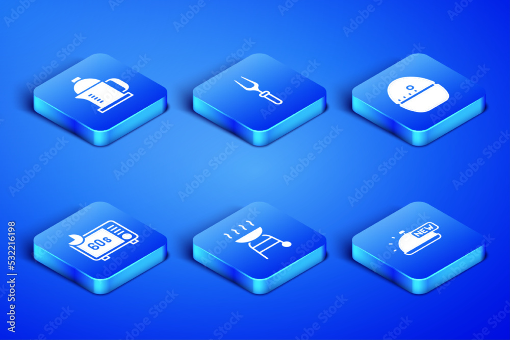 Set Covered with tray of food, French press, Barbecue grill, Microwave oven, fork and Kitchen timer icon. Vector Set Covered with tray of food, French press, Barbecue grill, Microwave oven, fork and Kitchen timer icon. Vector
