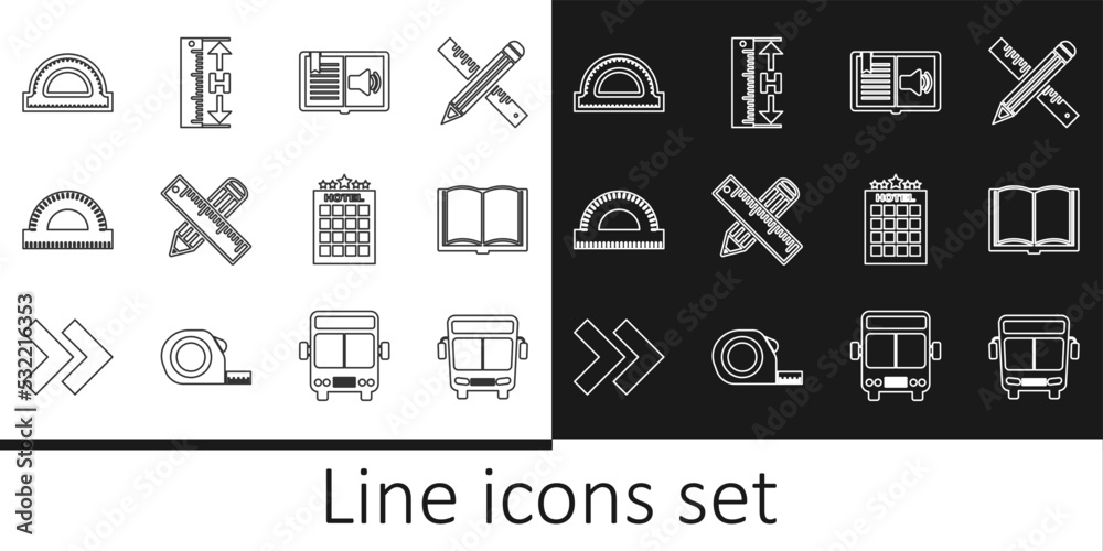 Set line Bus, Open book, Audio, Crossed ruler and pencil, Protractor grid, Hotel building and Measuring height length icon. Vector Set line Bus, Open book, Audio, Crossed ruler and pencil, Protractor grid, Hotel building and Measuring height length icon. Vector